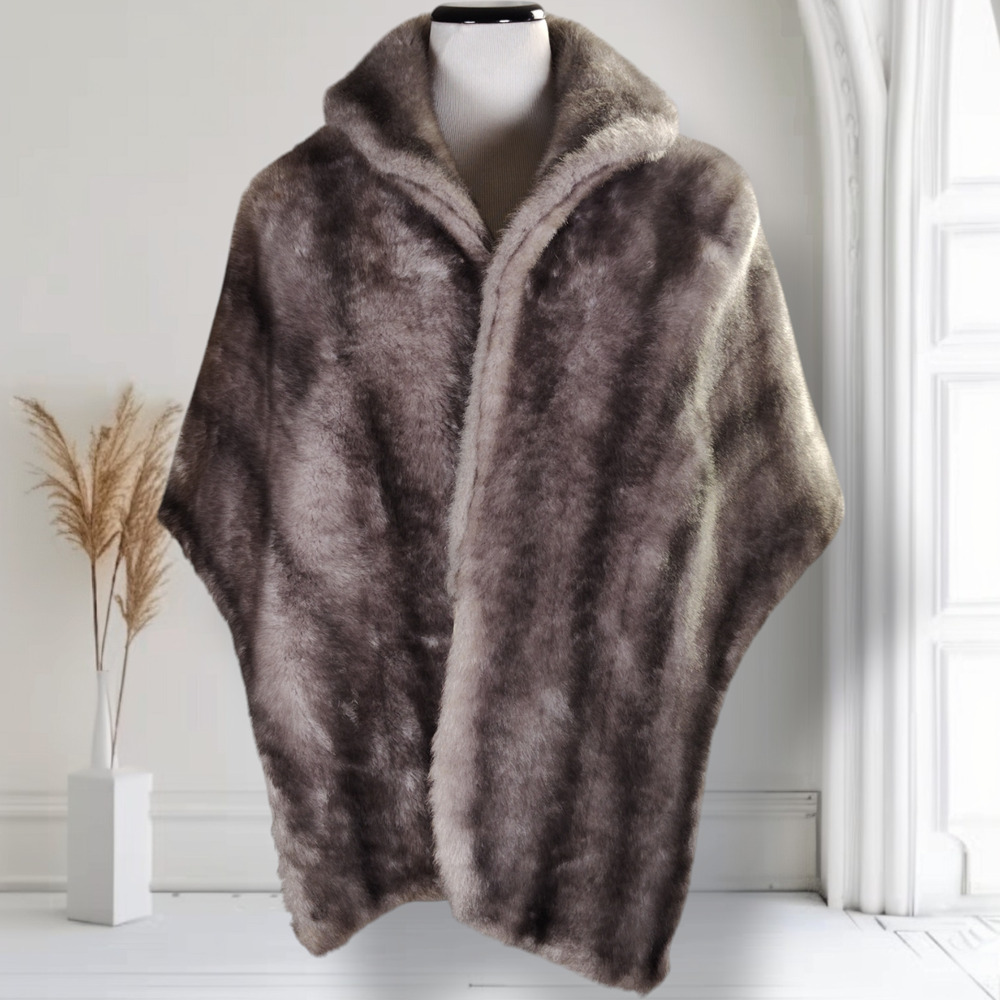 Vintage Glenoit Gray Faux Fur Stole Wrap Shawl Collared USA Mid Century